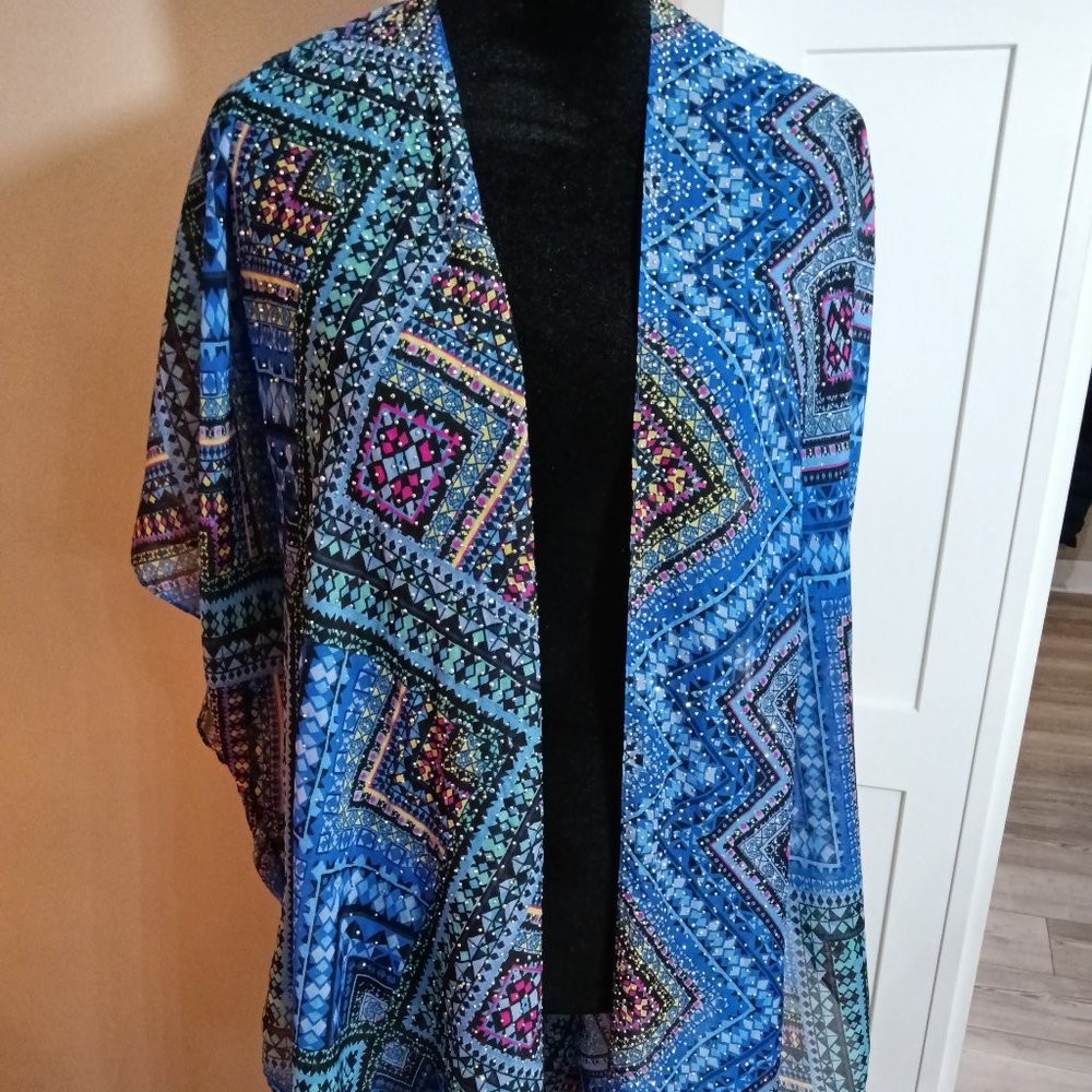 A new bright mixed color print sheer kimono jacket
